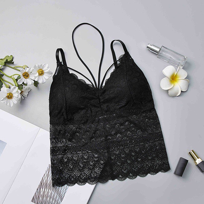 Women Lace Strap Wrapped Chest Shirt Top Summer Crop Top Ladies Camisole Bralett: Black