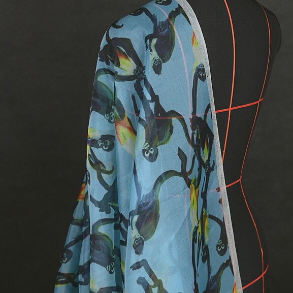 cartoon monkey print on blue silk organza silk fabric 10momme 55" width by yard,SOZ026