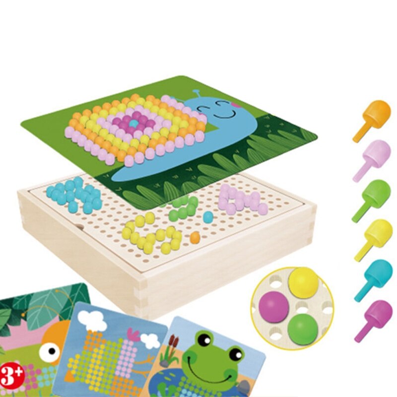 Jeu de Puzzle Intelligent 3D avec clous en forme de champignon, avec boîte de rangement en bois, planche de cheville en mosaïque, Puzzle pour enfants, jouets éducatifs de bricolage, 240 pièces: 3