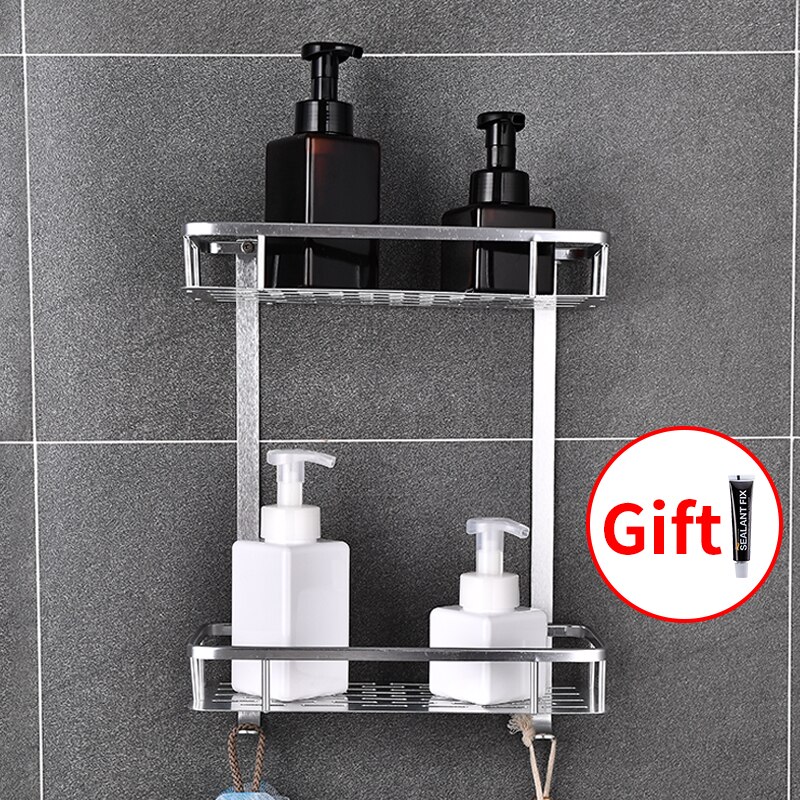 Bathroom Shelf Organizer Space Aluminum Kitchen Khelf Storage No Punching Shower Wall Shelves Caddy Waterproof Shampoo Holder: 2 layer silver