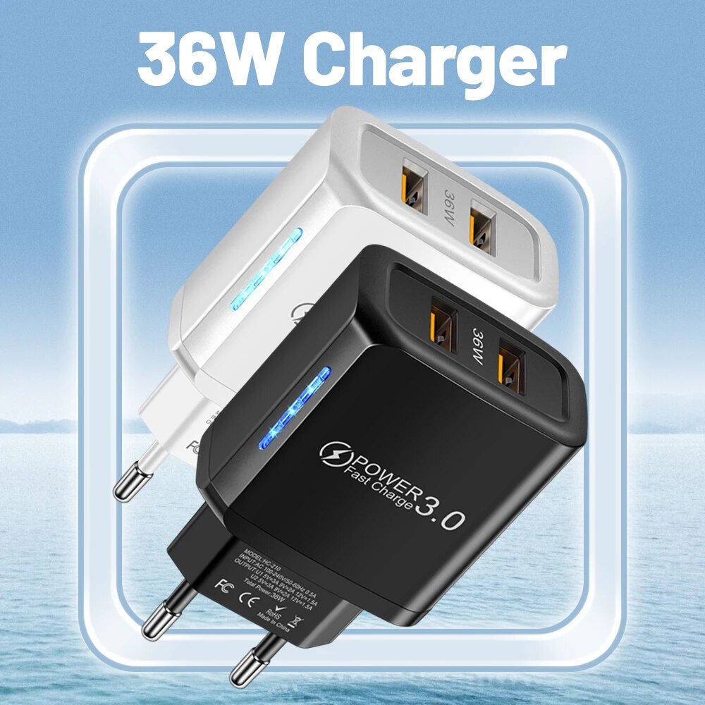 2 puertos 36W USB cargador de teléfono móvil Quick 3.0 adaptador de carga rápida de pared para iPhone Xiaomi Samsung Huawei