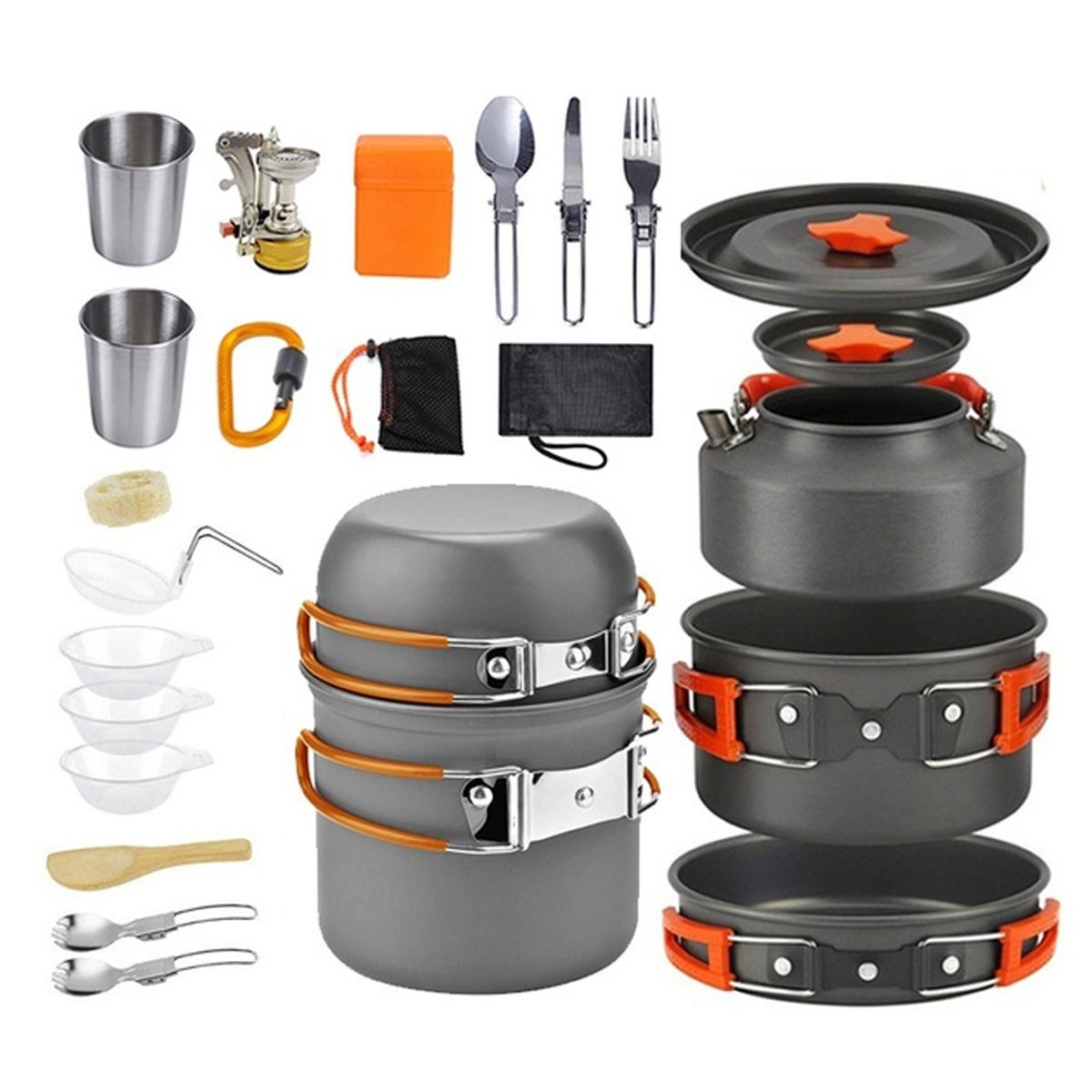 Outdoor Camping Cookware Tableware Picnic Cooking Pan Fry Pan Kettle Teapot Foldable Fork Spoon Kit Hiking Camping Picnic Tools