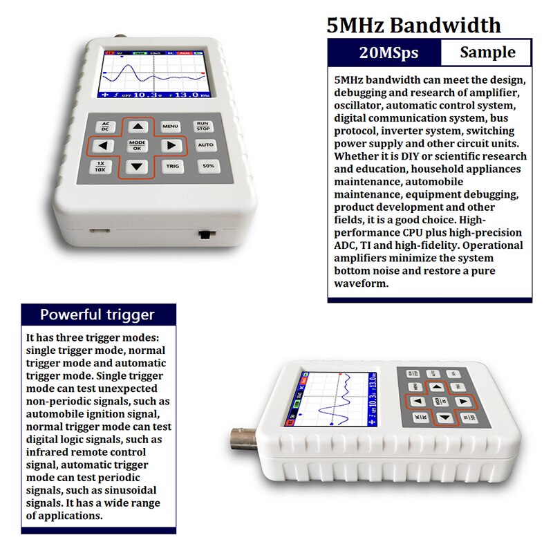 Handheld Digital Oscilloscope Mini Portable Digital Oscilloscope 5M Bandwidth 20MSps Sampling Rate Contains Lithium Battery