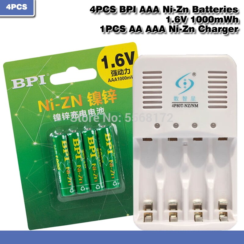 4x AAA Ni-Zn Rechargeable Batteries 1000mWh - 1.6V - Smart Charger Included - Long Lasting