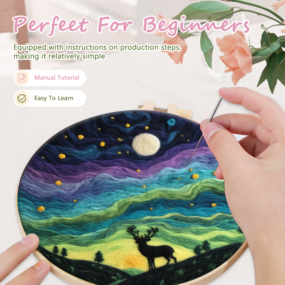 GATYZTORY Wollfilz-Gemälde, DIY-Wollstickerei-einstellen, kreative Blumenlandschaft, Wolle, Nadelfilz, Bild-einstellen, Basteln, Gemälde,