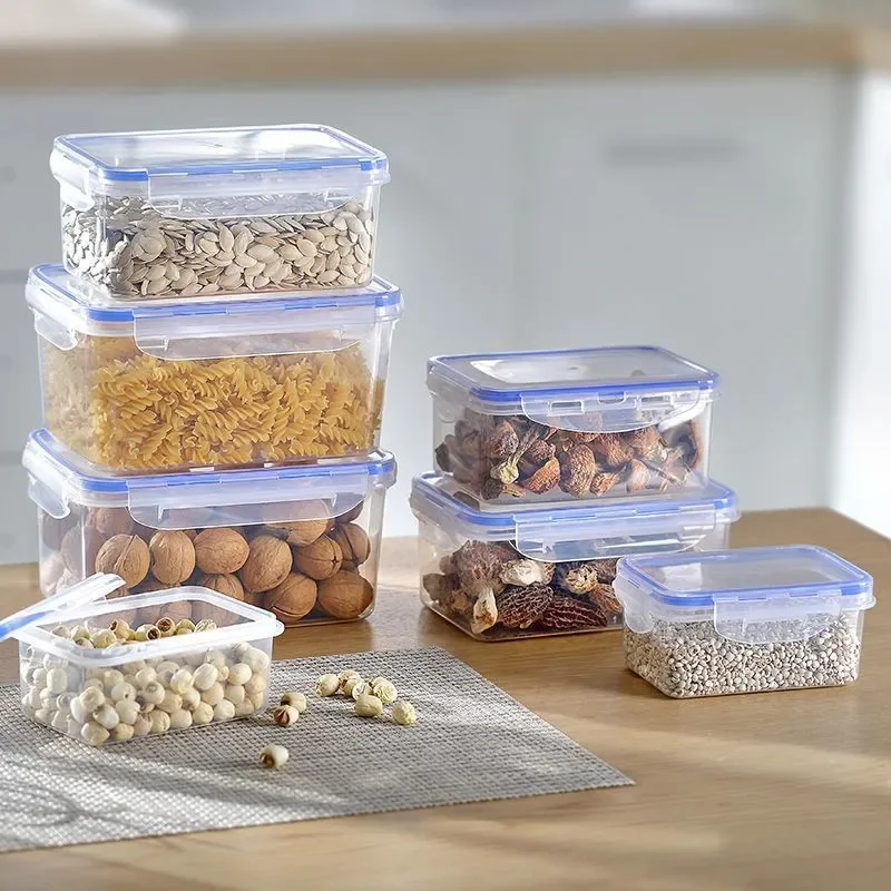 Caja de almacenamiento de refrigerador Rectangular sellada con tapa, fiambrera de plástico calentada por microondas con tapa