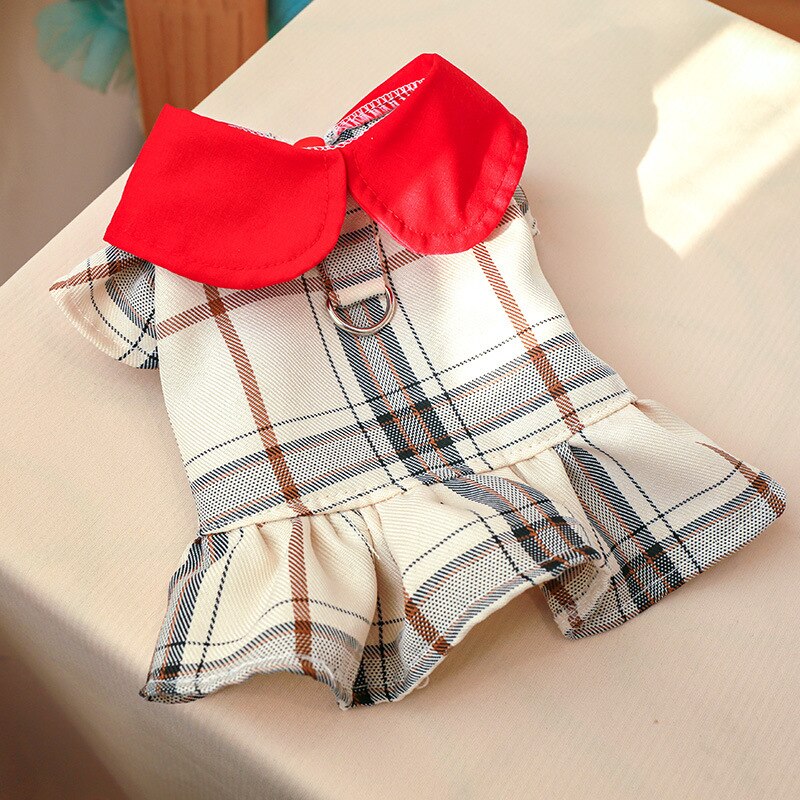 Princess Spring Dog Dress Plaid Butterfly Bow Button Closure Clothes for Dogs Harness D-Ring Attachment