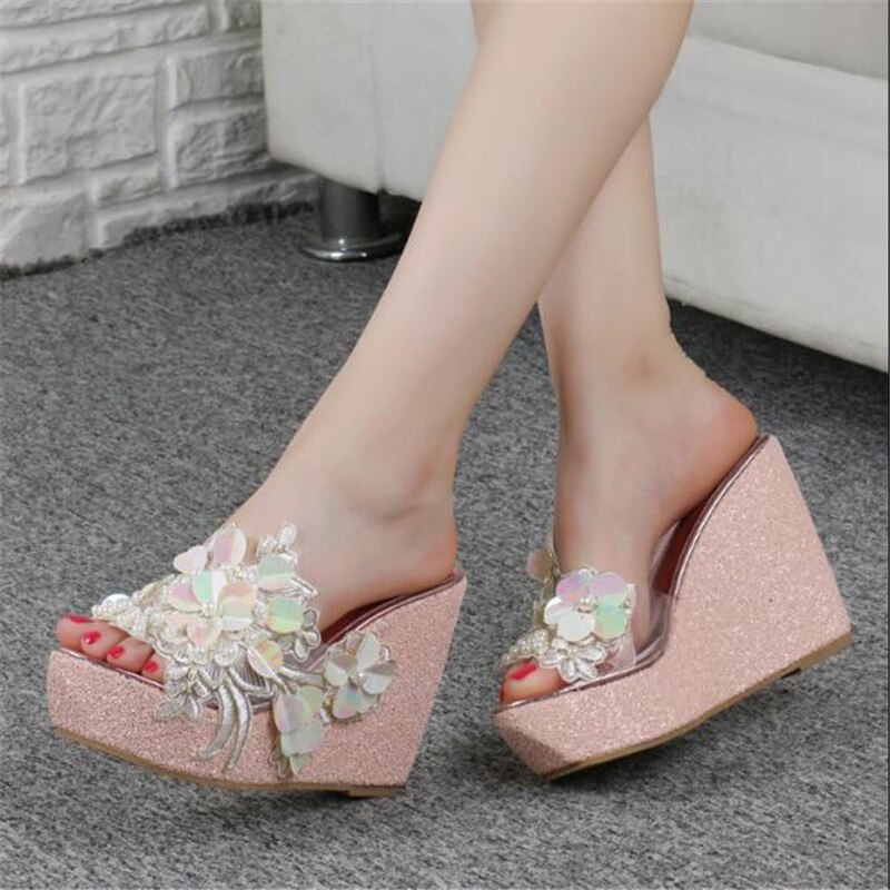 Zpxhsm zomer damesschoenen slippers zoete kralen bloemen hoge hakken mooie strass pumps casual schoenen  y191: Roze / 5