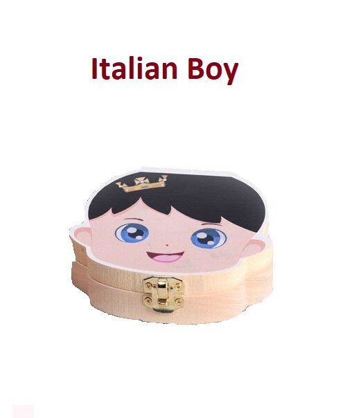 Caja de dientes de bebé colorido español inglés francés italiano caja de dientes de madera organizador guardar dientes de leche almacenamiento de madera: Italian Boy