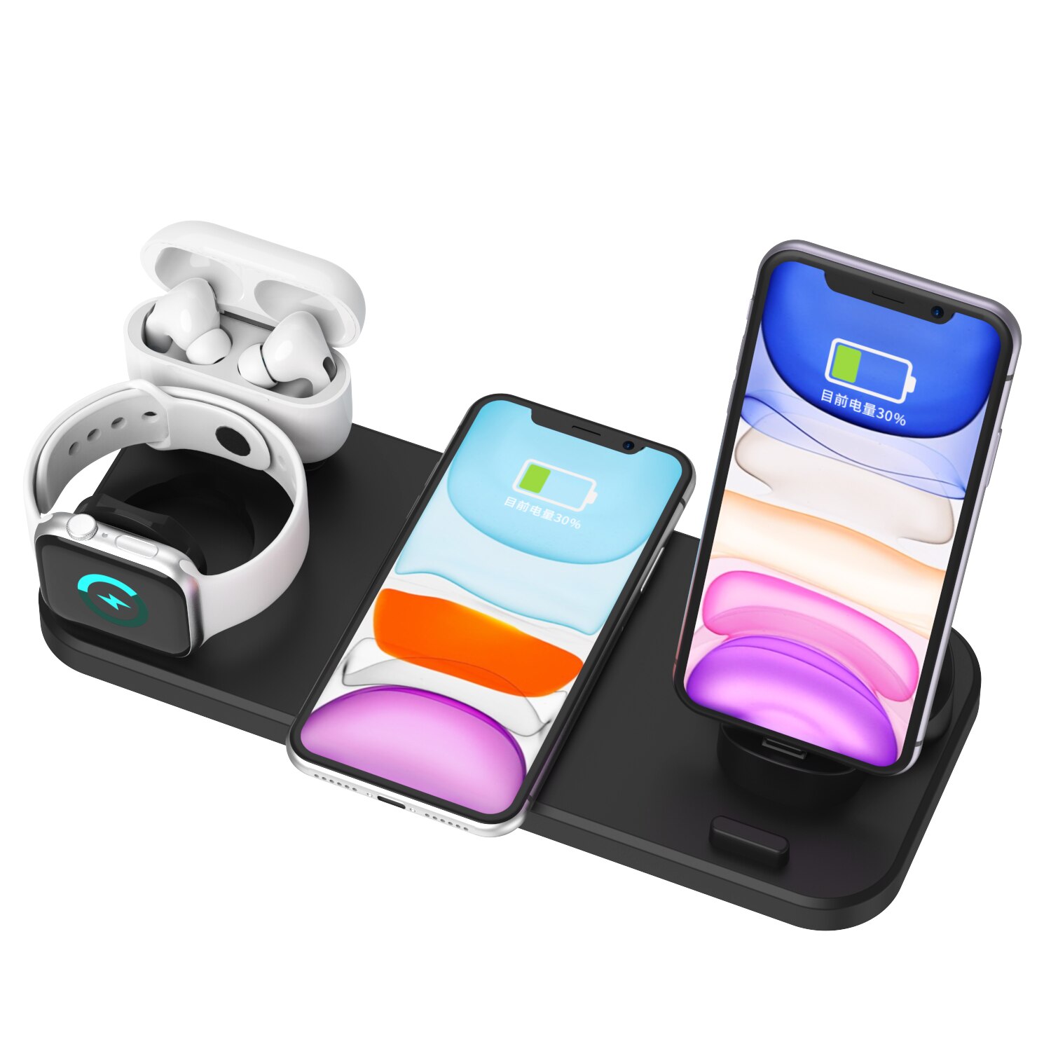 6 in 1 kabelloses ladepad mit qi-induktions-schnellladefunktion für apple watch 6 5 4 3 , airpods pro, iphone 12 pro /11/ xr/xs/x /8: 6 in 1 schwarz