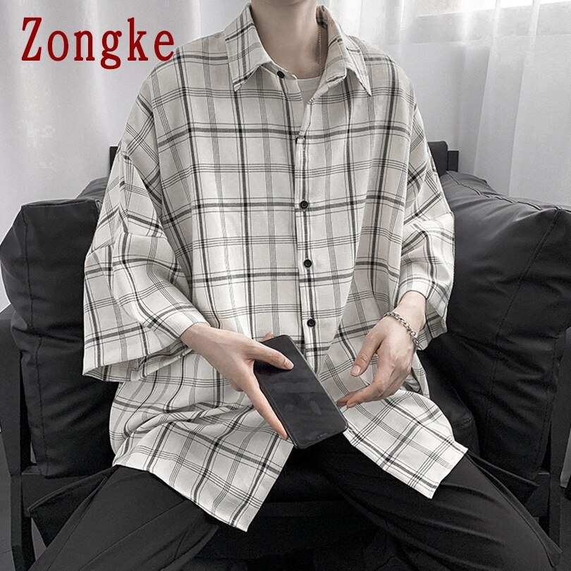 Zongke Plaid Casual Shirts For Men Clothing Checkered White Shirt Men Streetwear Men Shirt Long Sleeve M-2XL