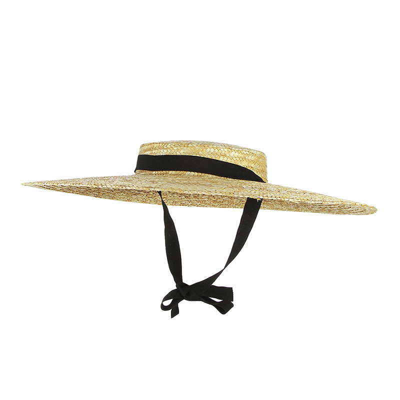 Chapeau de canotier à large bord pour femme, chapeau de paille à bord plat pour femme, chapeau de soleil d'été avec ruban blanc et noir, casquette de plage, 12cm, 15cm, 18cm