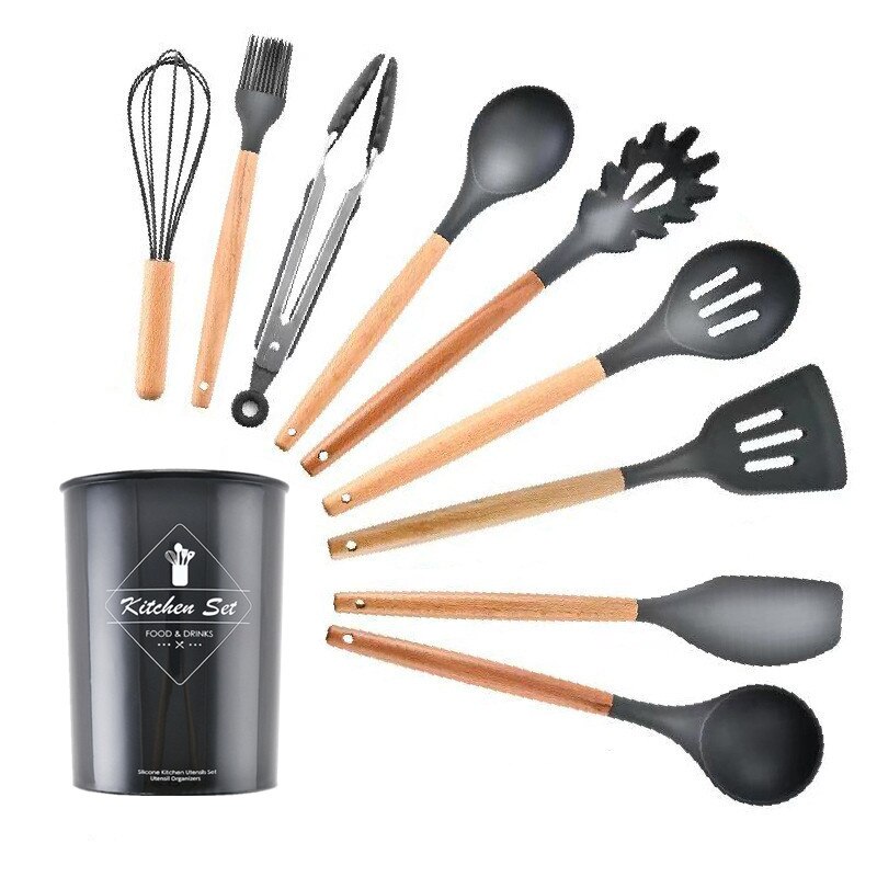 9/11/12 st silikonset matlagningsredskap set non-stick spatel spade trähandtag matlagningsredskap set med köksredskap förvaringslåda: Mörkgrå -9 st-b