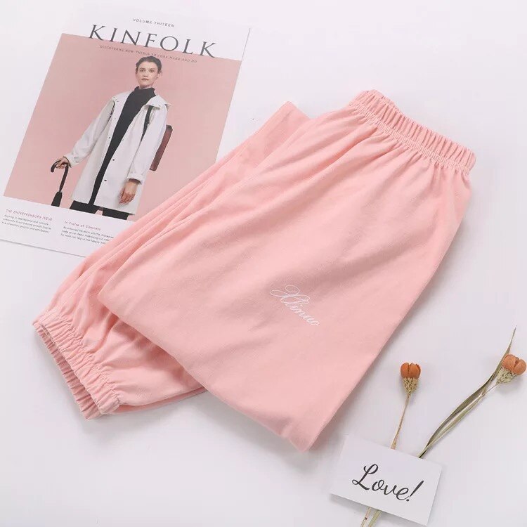 Tunna lösa plus size pyjamasbyxor 100%  bomull dam sovunderdel stickad bomull sommarbyxor dambyxor: Rosa / M