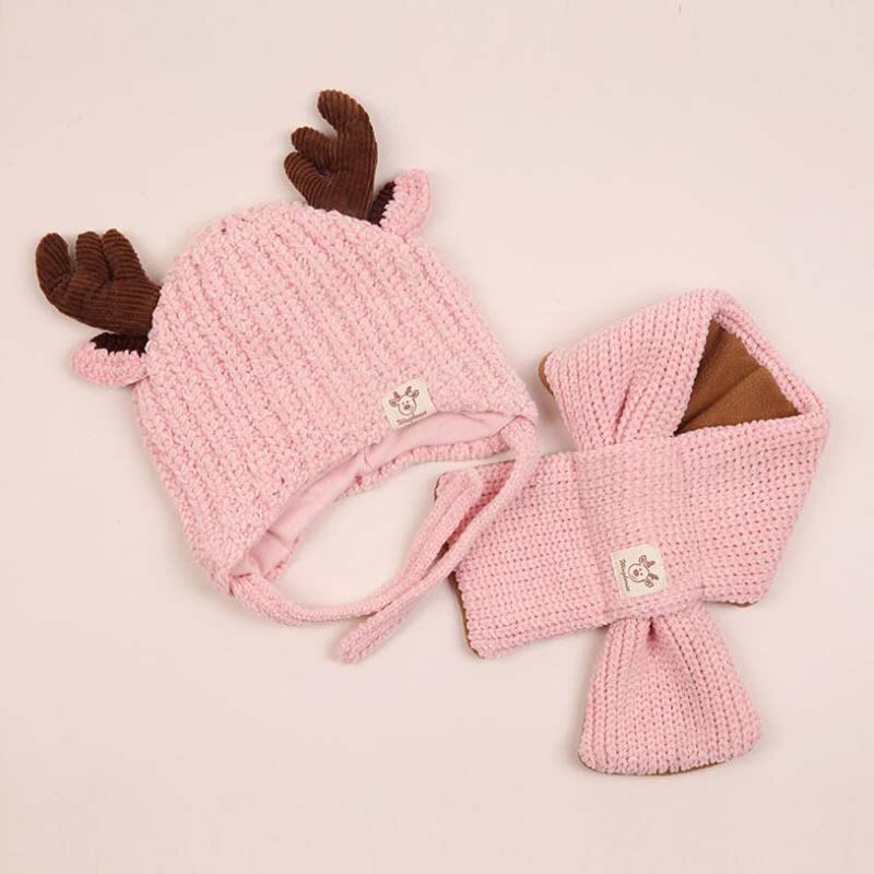Doitbest 8 months to 3 Years kids Beanie little deer kid boys Knit hats winter 2 pcs fur baby girls winter hat and scarf