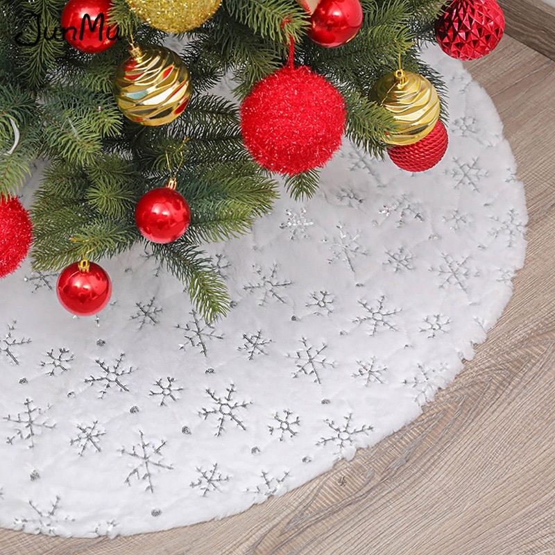 Sequin Christmas Tree Skirt Soft Plush Gold/Silver Snowflake Tree Mat White Faux Fur Party Decor 90cm/122cm