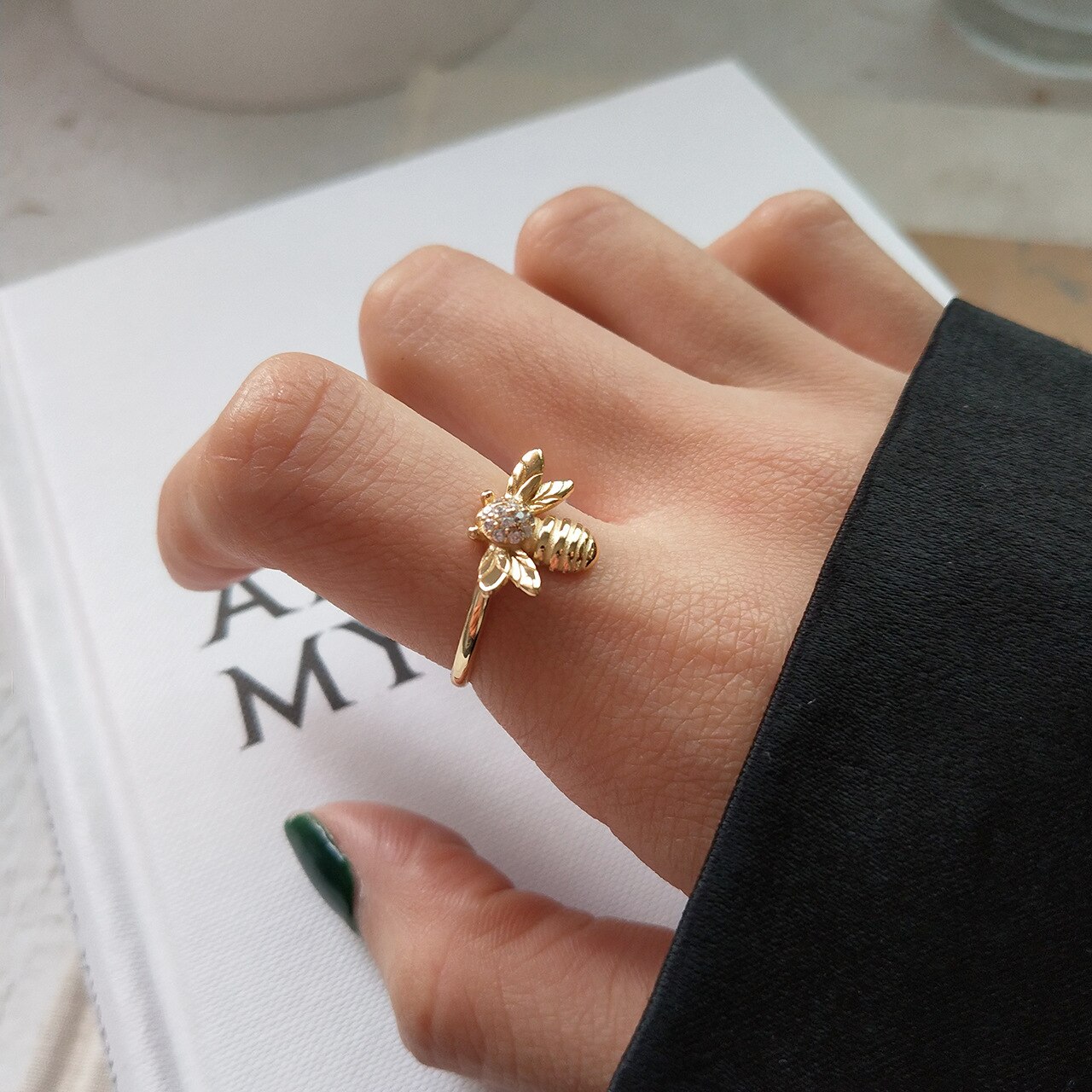 925 Sterling Silver Rings Minimalistic Honey Bumble Bee Ring for Women Bijoux Resizable Zircon Gold Color Ring with Stone