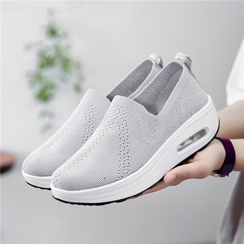 Women Mesh Shoes Soft Cushioning Walking Platforms Slip On Traveling Fitness Swing Shoes: Gray / 36