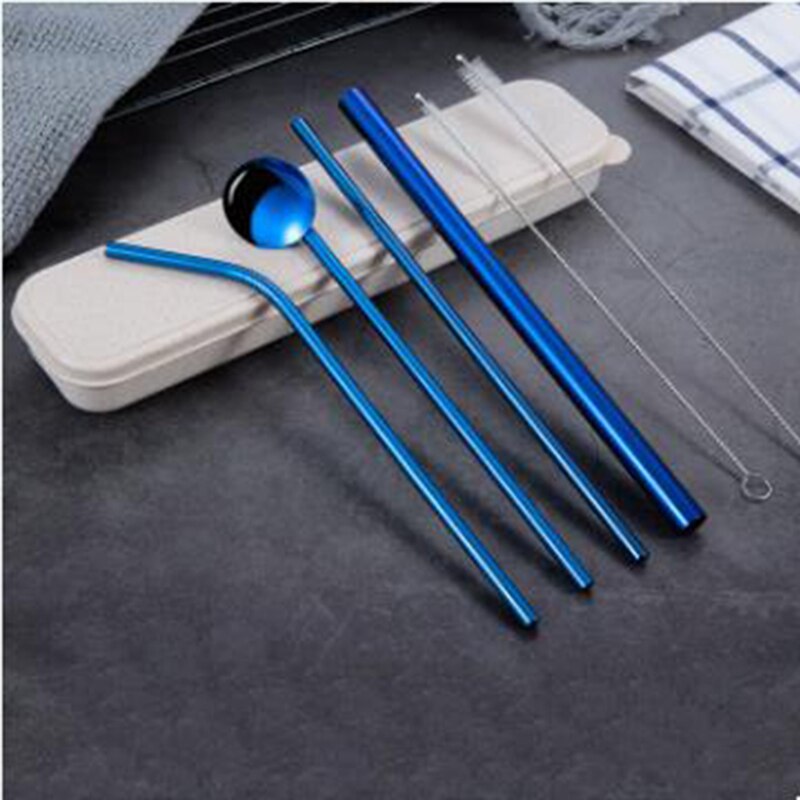 Portable Stainless Steel Straw Set Reusable Color Straw With Cleaning Brush(Set Of 7,1Bent+2Straight+2 Brush+1Spoon+1Box): purple