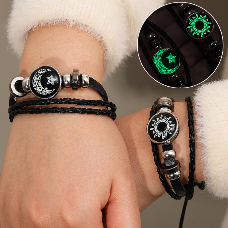 2 pçs luminosa casal amizade pulseira sol e lua ajustável romântico preto trançado pulseiras moda criativa jóias presentes