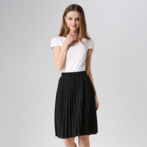 Surmiitro, Falda plisada de gasa para verano, para mujer, , Midi, largo hasta la rodilla, unicolor, 2 capas, cintura alta, falda de corte a para escuela y sol para mujer: Black