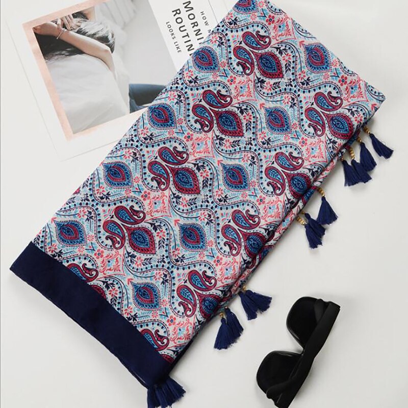 Ethnische Kopf Schal Hijab Schal Frauen Schals Spanien Stil Bohemian Hippie Geometrische Muster Quasten Schal
