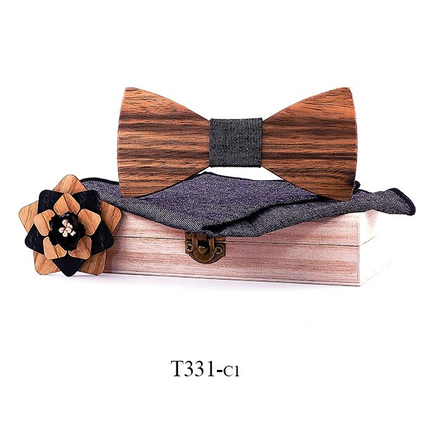 Pajarita de madera Natural de Original para hombre, broche exquisito hecho a mano, conjunto de caja de de madera para boda: T331-C1