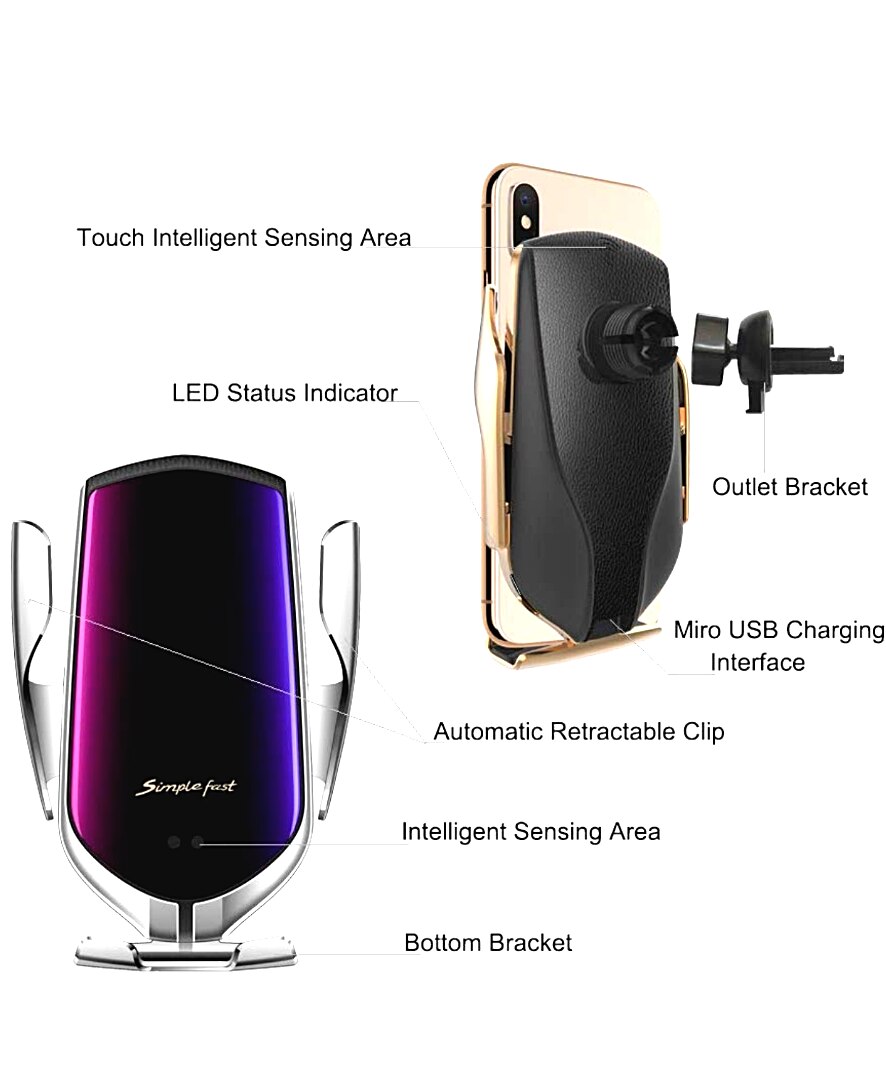 R2 chargeur sans fil serrage automatique capteur intelligent QI Induction voiture support de téléphone pour iP X XS Sam 1 +