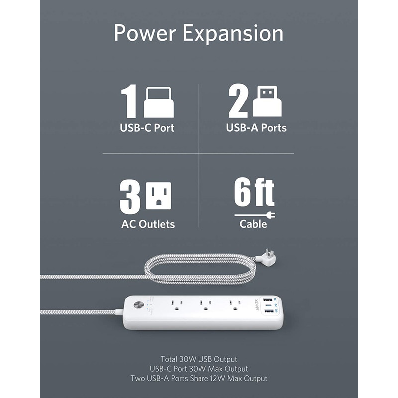 Anker 3 uttak og 30w 3 usb  (1 usb c , 2 usb a) overspenningsvern, powerport stripe  pd 3 med 6ft lange skjøteledninger, flat plugg