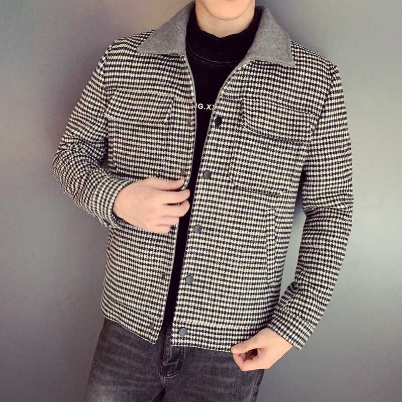 Efterår vinter frakke uld frakke grå kaffe plaid smart afslappet herre uld frakke england mellemlange frakker jakker slim fit mandlige: Sort / Xxl