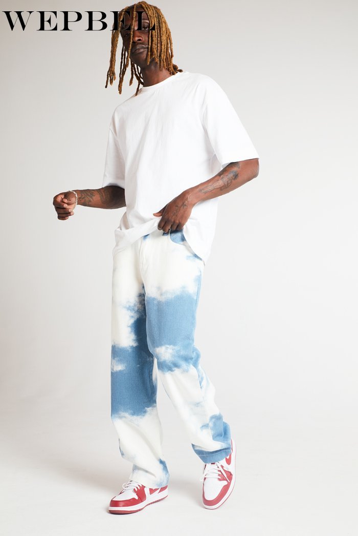 Wepbel tie dye print himmelblå lange bukser lige jeans mænd afslappet løse lige denim bukser