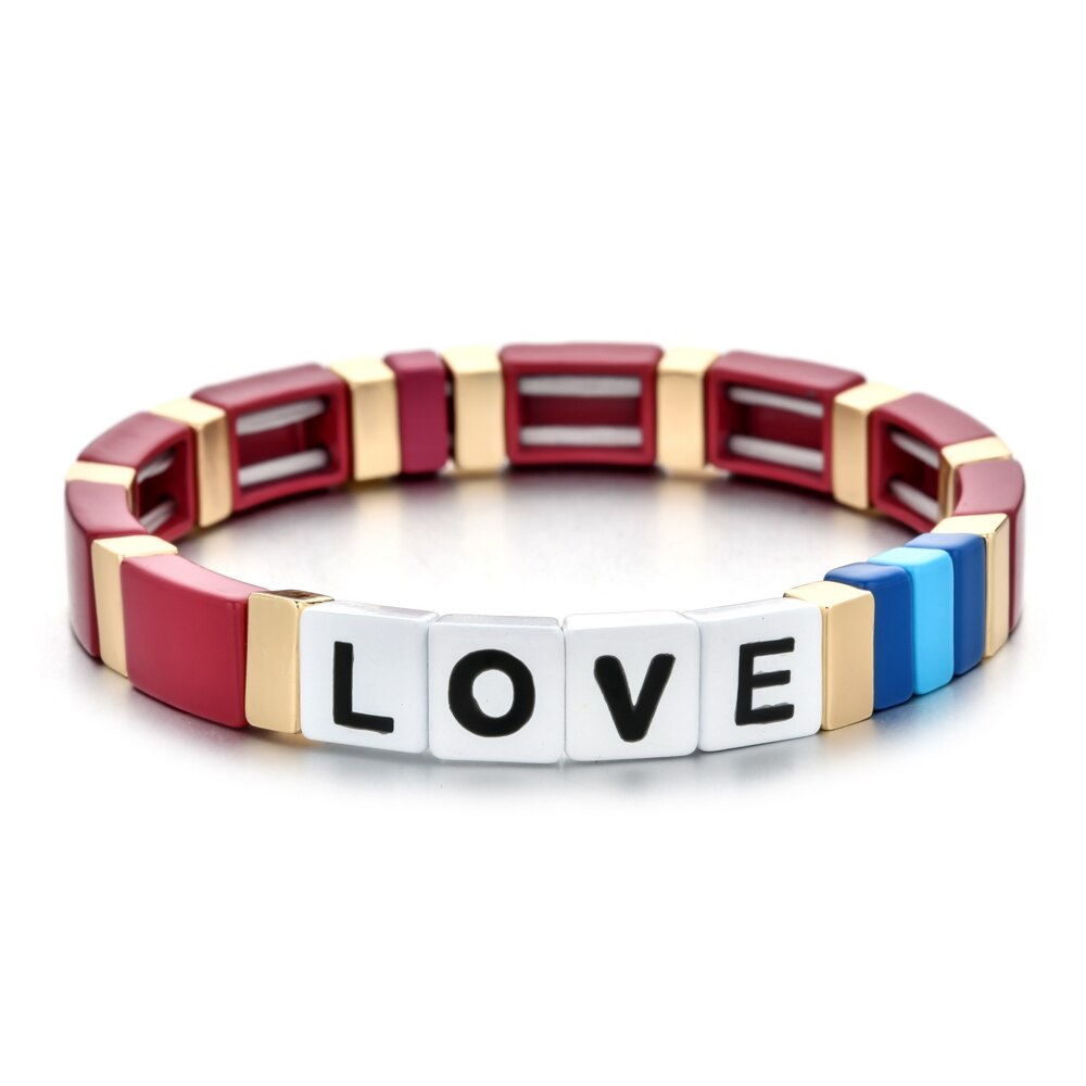Mode Kleurrijke Regenboog Emaille Tegel Armband Vrouwen Meisjes Brief Liefde Armbanden Elasticiteit Manchet Bangles Partij Sieraden