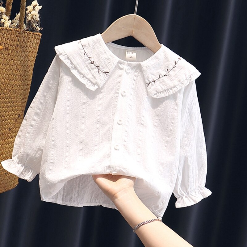 Camisas de manga larga para niños y niñas, Tops de algodón bordados, blusa blanca a la , ropa de primavera y otoño para adolescentes: 18 meses
