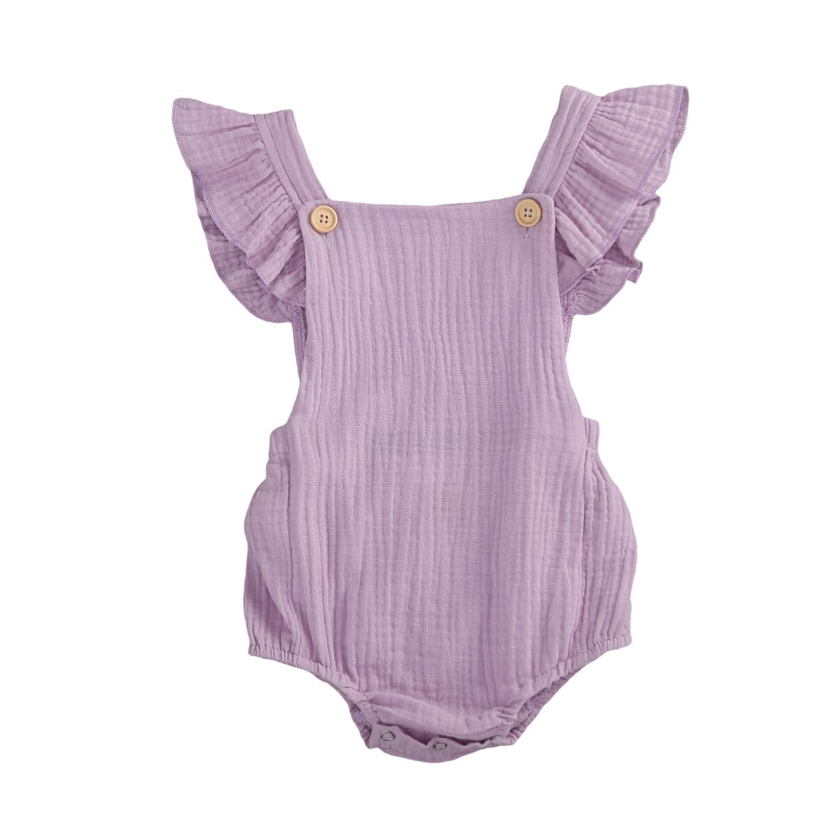 Baby meisjes romper van katoen linnen effen ruches mouw rechthoekige hals zijkant grote zakken outfit geplooide knoopsluiting jumpsuit: Paars  / 12m
