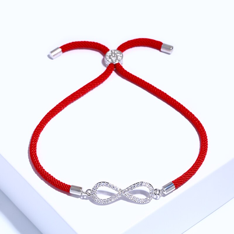 Flola Lucky Infinity Charm Armband Met Zirkoon Zwarte String Verstelbare Armband & Dangle Voor Vrouwen Armbanden Pulseras Brta66: Silver(Red rope)