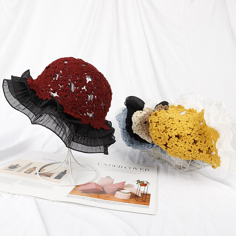 Women Lace Knitted Fisherman Hat Hollow Bucket Hat Crochet Hat Lace Flower Cute Sweet Romantic Sun Hat