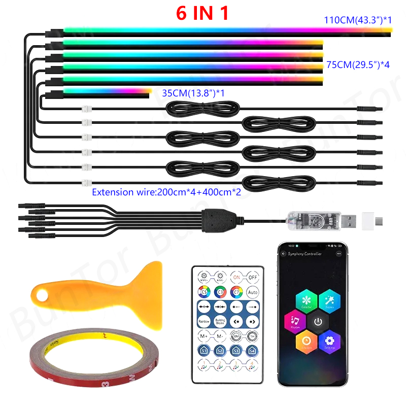 Tira de luces LED RGB para coche, luz ambiental arcoíris, USB, música Symphon, lámpara de ambiente con aplicación de Control remoto, 10/6/4/2/1 en 1: 3000 K de oro