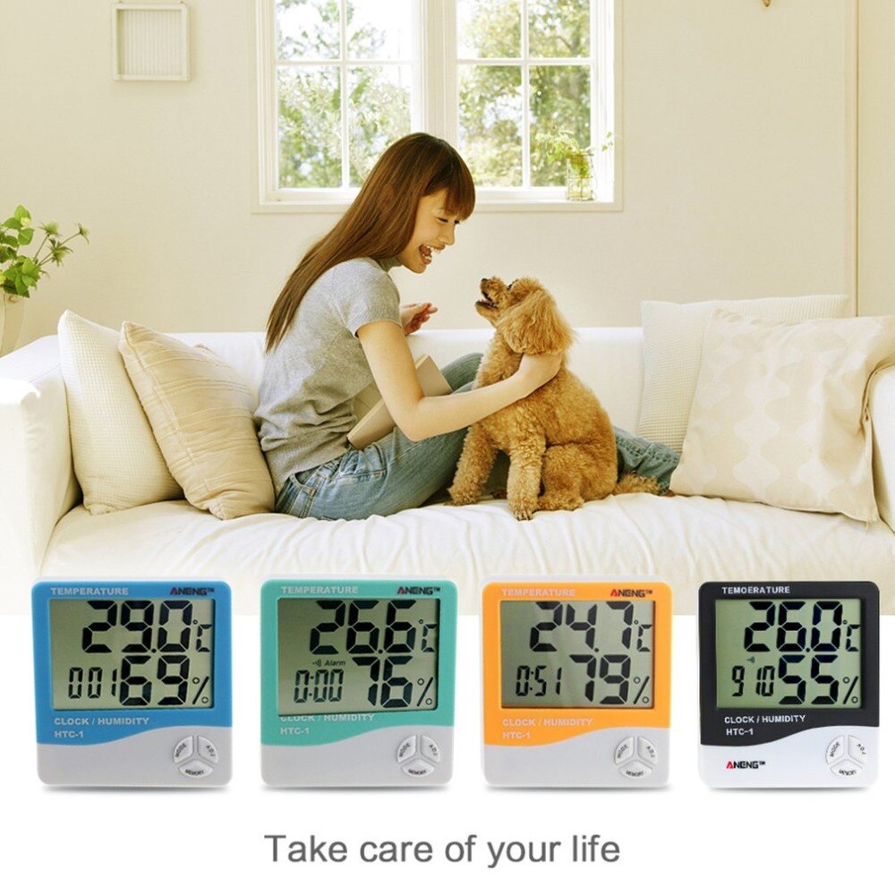 Htc -1 indendørs lcd elektronisk digital temperatur luftfugtighedsmåler rumtermometer hygrometer vækkeur vejrstation