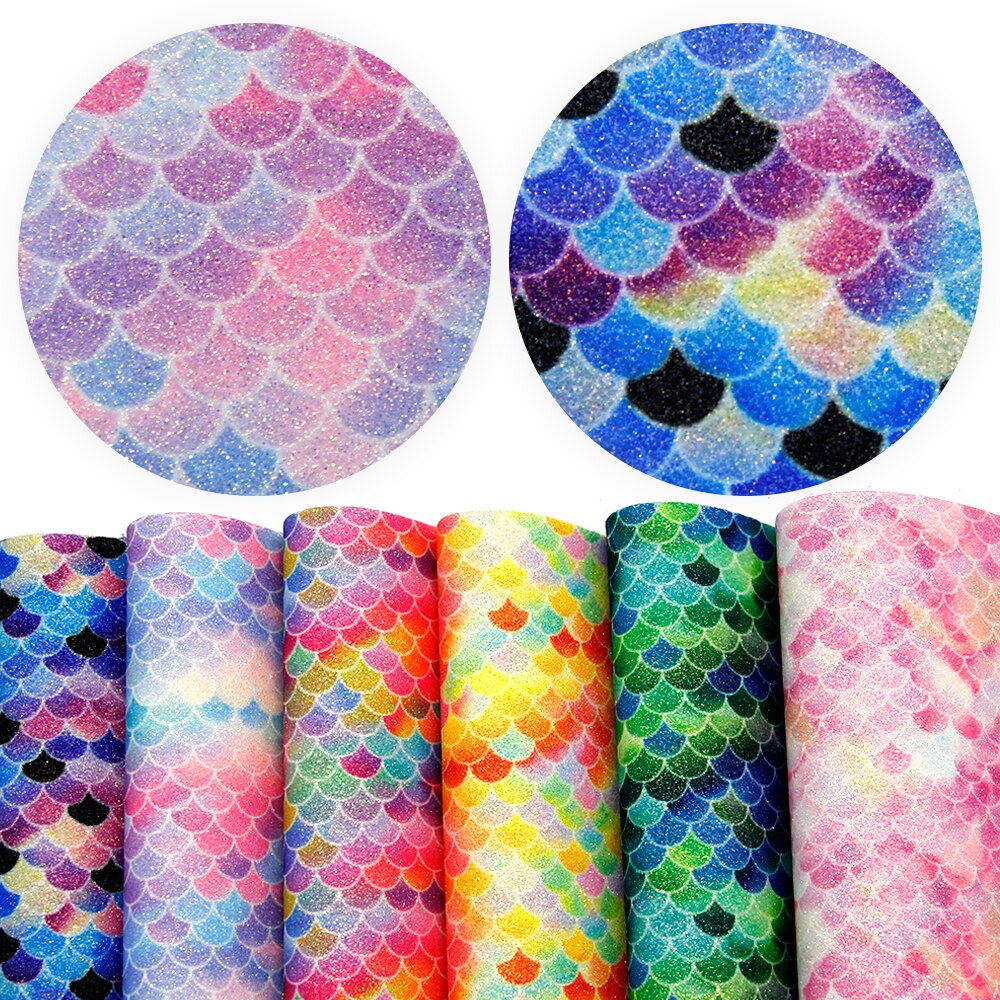 6 st 20*34cm sjöjungfrumönster tryckta glitter syntetiskt läder set, handgjorda material för att göra projekt ,1 yc 5869