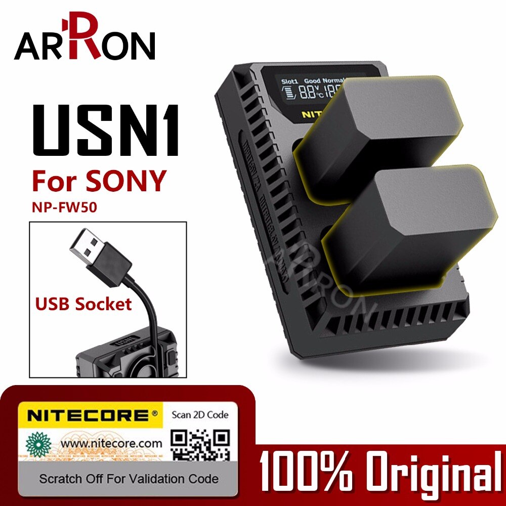 Nitecore USN1 Digitale Dual Slot Reizen Camera Oplader Voor Sony NP-FW50 Batterij A5000 A5100 A6000 A6300 A6500 A7 A7r A7s ii A7R2