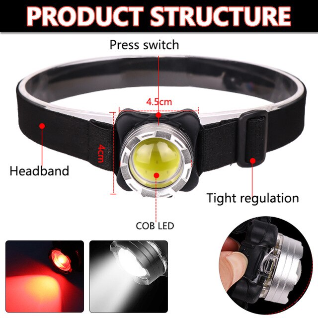 Brightest Headlamp USB Headlight COB LED Head Lamp Rechargeable Head Light Waterproof with Built-in Battery White Red Lighting