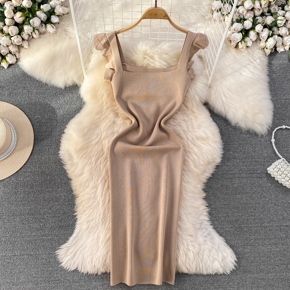 REALEFT Summer Women's Knitted Strapless Dresses Knitwear Sheath Bodycon Wrap Red Sexy Dress Female: Khaki
