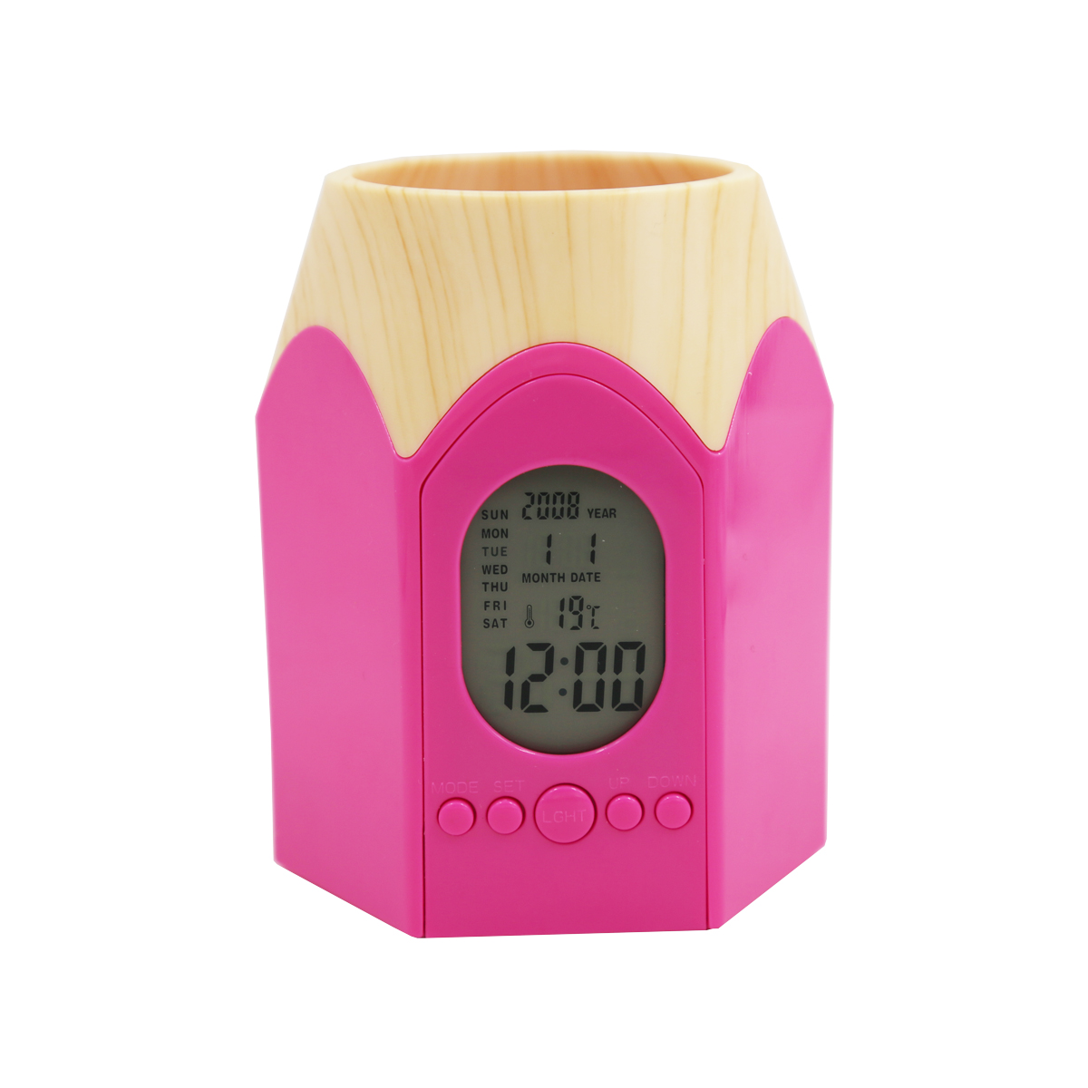 Pencil Head Shape Pen Holder with LED Digital Alarm Clock Multi-function Pencil Pot Table Clock with Office Temperature Calendar: Pink