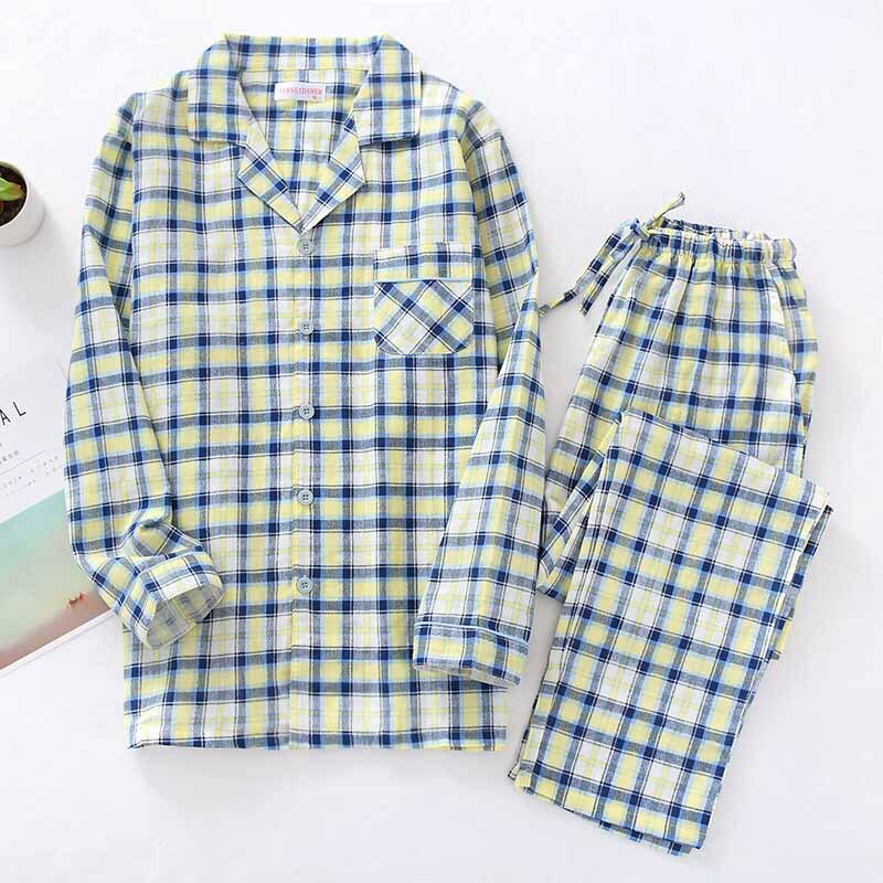 Pijamas de algodón a cuadros para hombre, ropa de dormir cómoda, holgada, informal, para el hogar, primavera y otoño: Blue-yellow Plaid / M
