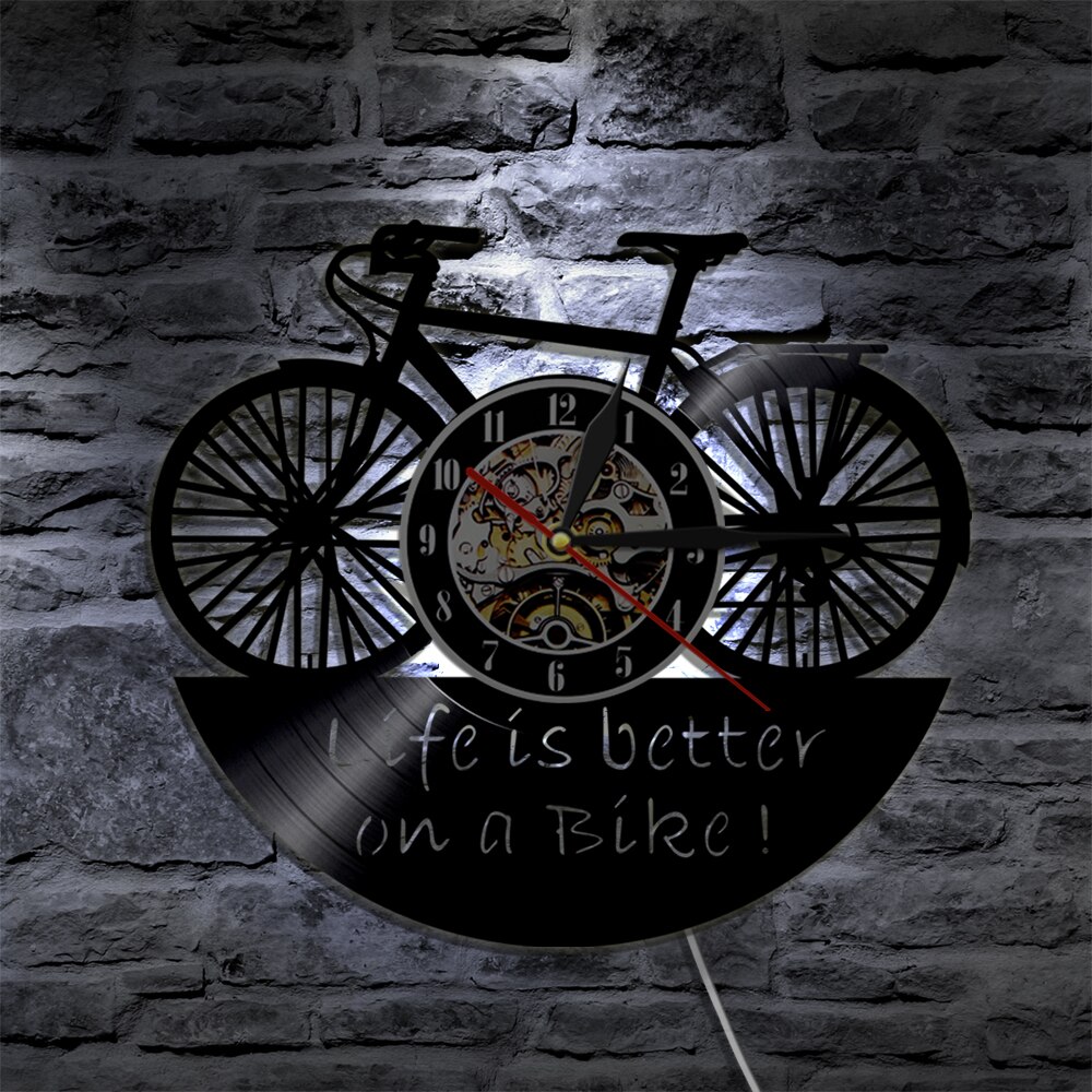 Life Is Better On A Bike Wall Clock Bike Cycle Vinyl Record Wall Clock Home Decor with 7 Different Color LED Light