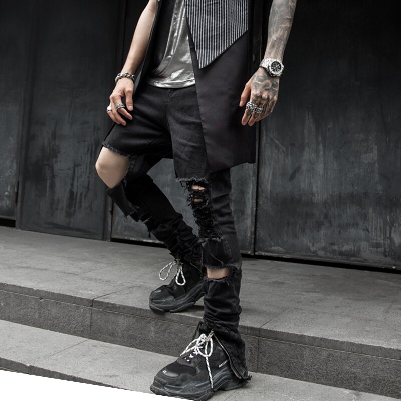 Herfst mannen black ripped jeans met gaten verontruste hip hop punk denim broek heren vintage casual rits skinny jogger jeans
