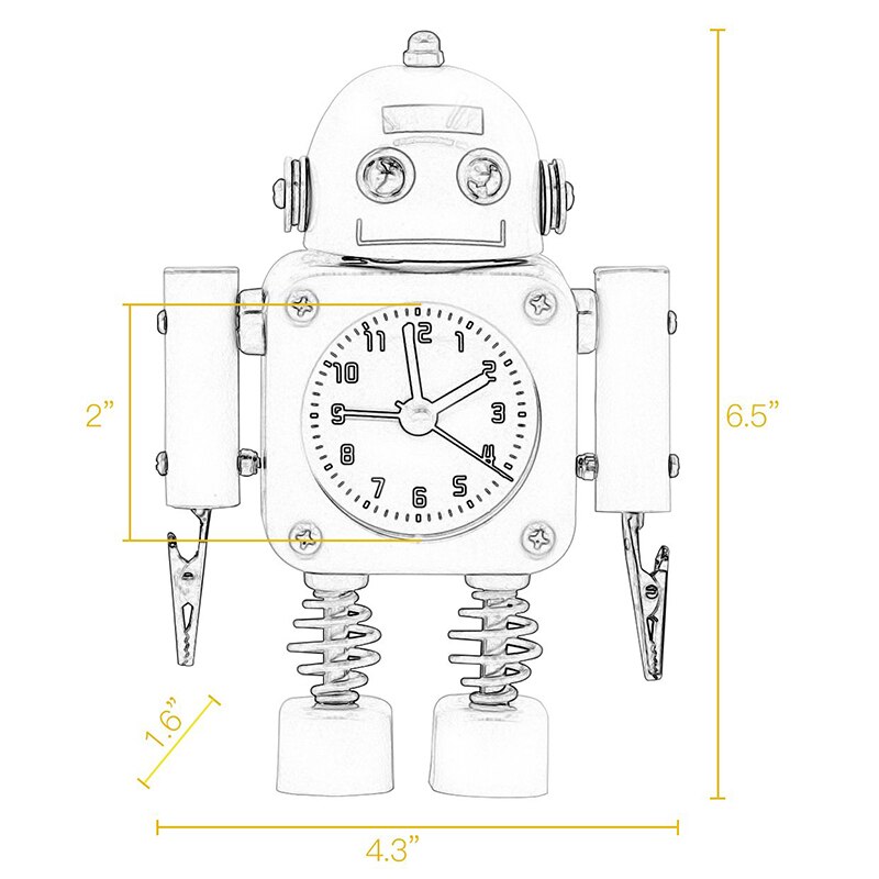 Non-Ticking Robot Alarm Clock Stainless Metal - Wake-Up Clock with Flashing Eye Lights and Hand Clip Blue