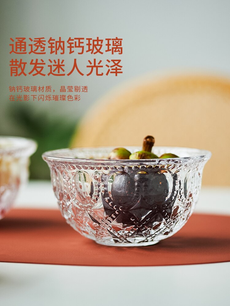 Glass Relief Oatmeal Bowl Transparent Breakfast Cereal Tableware Net Red Ins Style Small Bowl Sugar Water Exquisite