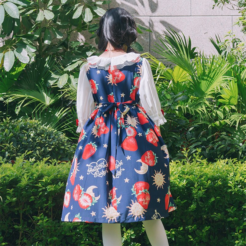 Kawaii Lolita Jurk Aardbei Angel OP Jurk Japanse Leuke Dame Korte Mouw Print Lolita Prinses Jurk