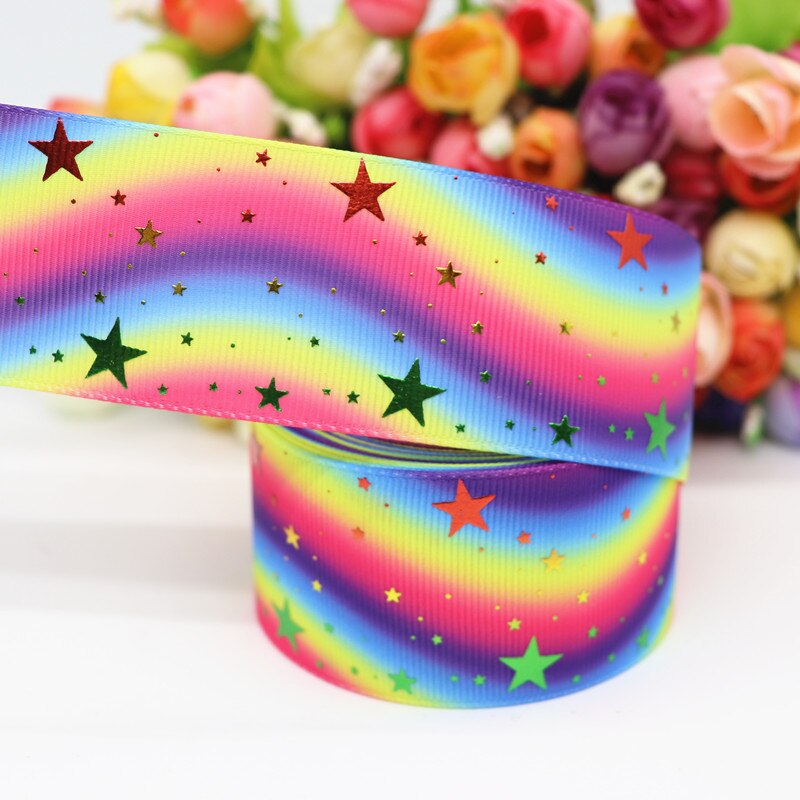 10 Yards 1.5 "38MM brillant arc-en-ciel or étoile imprimé ruban gros-grain pour cheveux nœuds bricolage artisanat accessoires faits à la main M19090201: 5